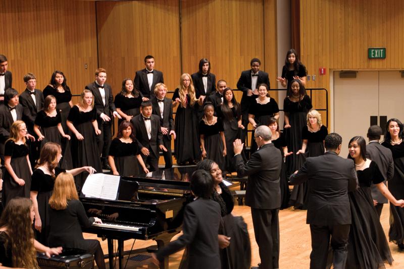 Bakersfield High School’s Chorale ensemble performs in the Concert Hall for the California State University, Fresno Invitational Choral Festival. More than 23 different high schools attended the invitational to perform and receive critique from a panel of judges.
(Roe Borunda/The Collegian)