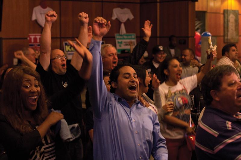 Laysha Trejo (left) and boyfriend Humberto Gomez cheer for Barack Obama’s projected win in California at Club One Casino in Downtown Fresno.
Roe Borunda / The Collegian