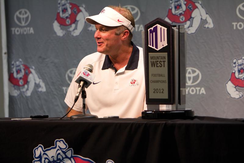 Coach Tim DeRuyter addresses the media Saturday shortly after Fresno State captured a share of the Mountain West Conference title. DeRuyter said he has no preference over which bowl the Bulldogs will play in this postseason.