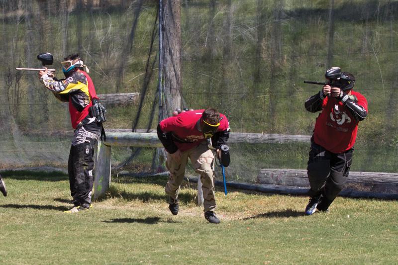 Members of Fresno State’s paint ball club break for cover in Sunday’s rookie tournament at Maximum Paintball The Field. The team will head to Long Beach in January for their first official college tournament.
Photo by Roe Borunda / The Collegian