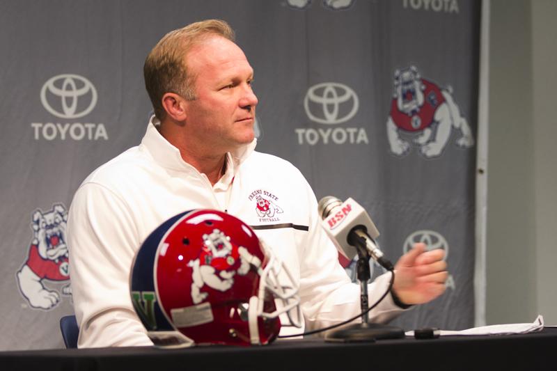 Fresno State coach Tim DeRuyter talks about the 2013 signing class during a press conference on Wednesday. Roe Borunda / The Collegian