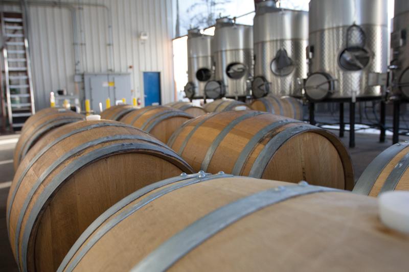 Fresno State wine matures in oak barrels sitting between fermentation tanks. When ready, the wine will be sold at the Rue and Gwen Gibson Farm Market and other local retailers.
Photos by Roe Borunda / The Collegian