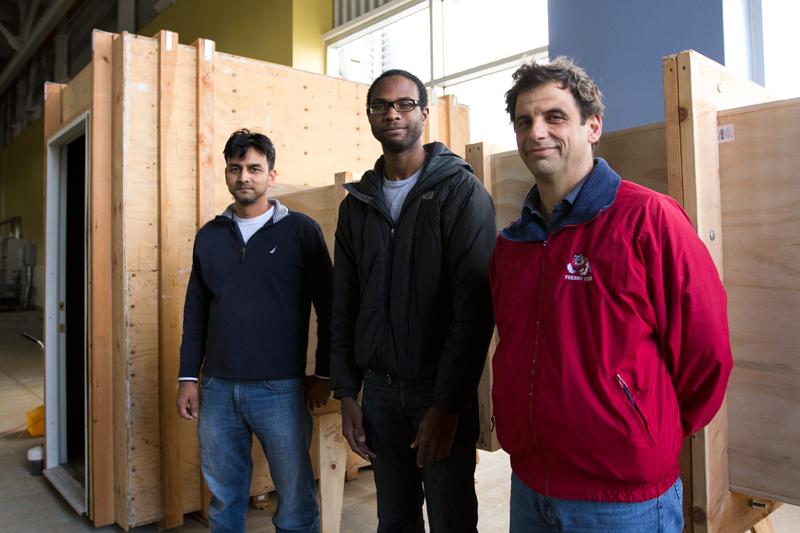 Professor Athanasios Alexander (right) organized the dust tunnel research project. He is aided by Professor Diganta Adhikari (left), Patrick Barns (center). Their findings will contribute to solving the problem of Valley dust pollution.
Photo by Roe Borunda / The Collegian