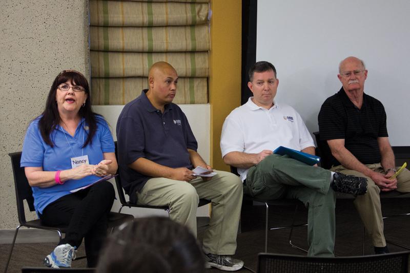 Nancy, a volunteer from the National Alliance on Mental Illness (NAMI), shares her story of recovery from depression, seated next to fellow speakers Sergio and David during In Our Own Voice.
Dalton Runberg / The Collegian