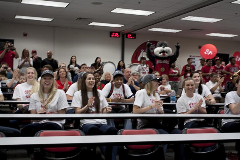 The Fresno State womens basketball team cheers upon hearing their selection as No. 15 seed in the Womens NCAA Tournament, where they will face Cal.
