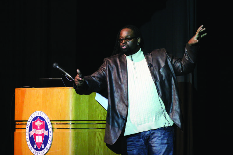Africana studies professor T. Hasan Johnson is the second lecturer of Fresno State Talks. Speaking Tuesday evening about ‘Diversity’, Johnson used his personal expereinces as well as academic expertise to meld together the concept of diversity aand the hsitory of hip-hop music
Khlarissa Agee / The Collegian