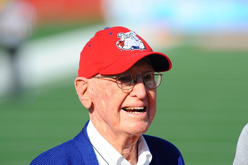 Fresno State great Jack Mulkey served as an honorary captain during Fresno States 48-14 home win against Air Force on Nov. 24. Photo courtesy of Fresno State Athletics.