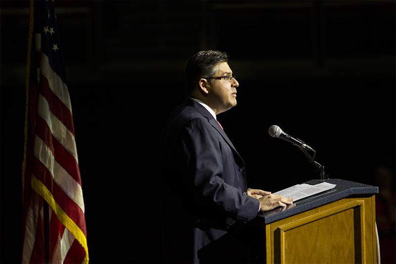 Fresno State President Joseph Castro spoke to university faculty and staff for the first time in Mondays Fall Staff Assembly at the Save Mart Center, where he stressed communication and focused on the future of Fresno State.­Roe Borunda / The Collegian.