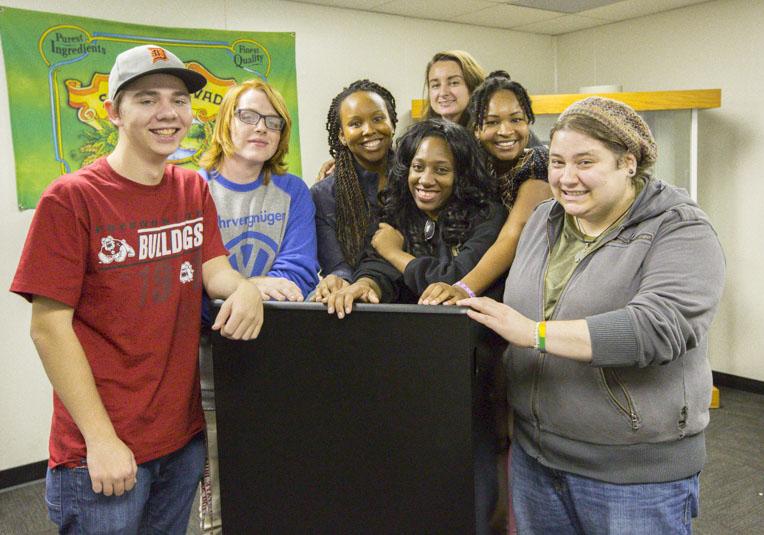 (Left to Right) Andy Botwin, Kody Hensen, Jamila Ahmed, Sierra Holley, Karley, Candis Tate, and Erica Barton reminisce and joke about past debates. 