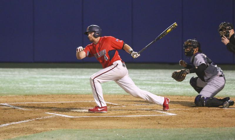 Fresno State outfielder Jordan Luplow watches his hit go toward third base during the Bulldogs’ 4-1 victory over Nevada last Friday. Photo by Matt Vieira/The Collegian