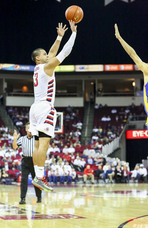 Fresno State sophomore guard Cezar Guerrero takes a shot during the Bulldogs’ 8-56 victory over the San Jose State Spartans Feb. 8 at the Save Mart Center. Photo by Katie Eleneke/The Collegian