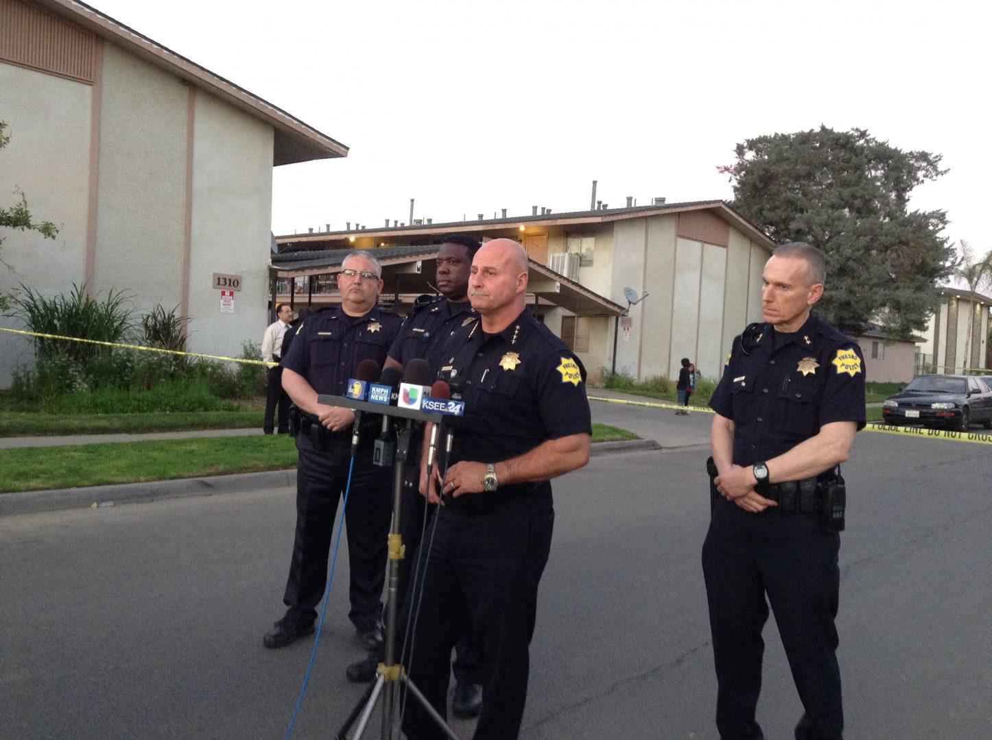 Fresno Police Chief Jerry Dyer addresses the media on the officer-related shooting near San Bruno Avenue and 4th Street that resulted in the death of a woman. The woman, in her 40s, threatened officers with a kitchen knife.