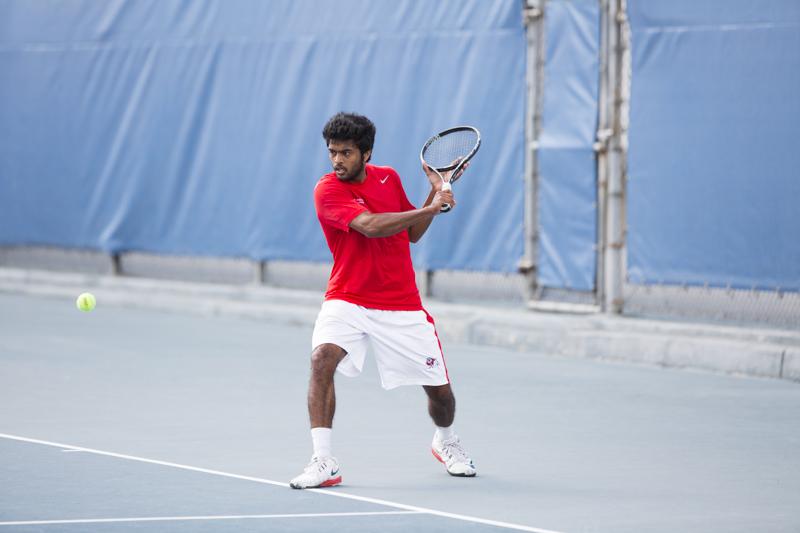 Fresno State’s Sai Kartik Nakireddi leads the Bulldogs into the Mountain West Tennis Championships that begin today at the Sierra Sport and Racquet Club in Fresno. Photo by Katie Eleneke/The Collegian