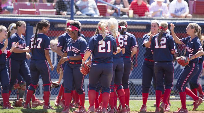 The+Fresno+State+softball+team+celebrates+after+beating+the+UNLV+Rebels+in+Game+3+of+the+series+Sunday+afternoon+at+Bulldog+Diamond.+Photo+by+Matt+Vieira%2FThe+Collegian
