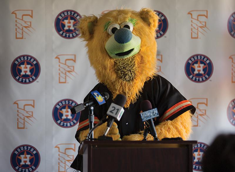 The Fresno Grizzlies’ mascot Parker the Bear stands at the podium during a press conference at Chukchansi Park, Thursday, Sept. 18. During the press conference it was announced that the Fresno Grizzlies signed a 2-year player development contract with the Houston Astros
