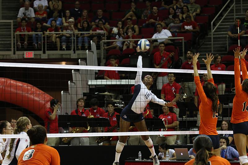 Fresno State outside hitter Zana Bowens attempts a kill against the Fresno Pacific Sunbirds during the ‘Dogs’ 3-0 victory on Tuesday. Photo by Khlarissa Agee/The Collegian