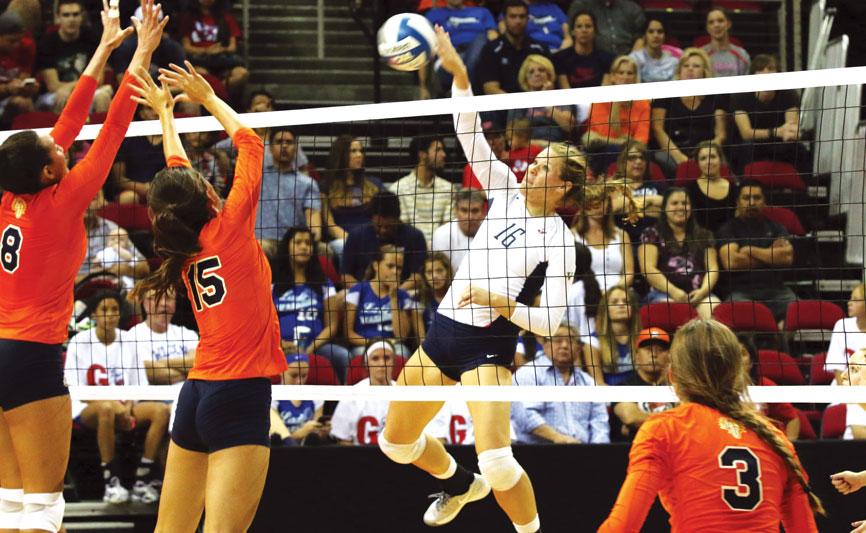 Fresno State middle blocker Maci Murdock (16) attempts a kill during the Bulldogs’ 3-0 victory over the Fresno Pacific Sunbirds Tuesday night at the Save Mart Center. Photo by Khlarissa Agee/The Collegian