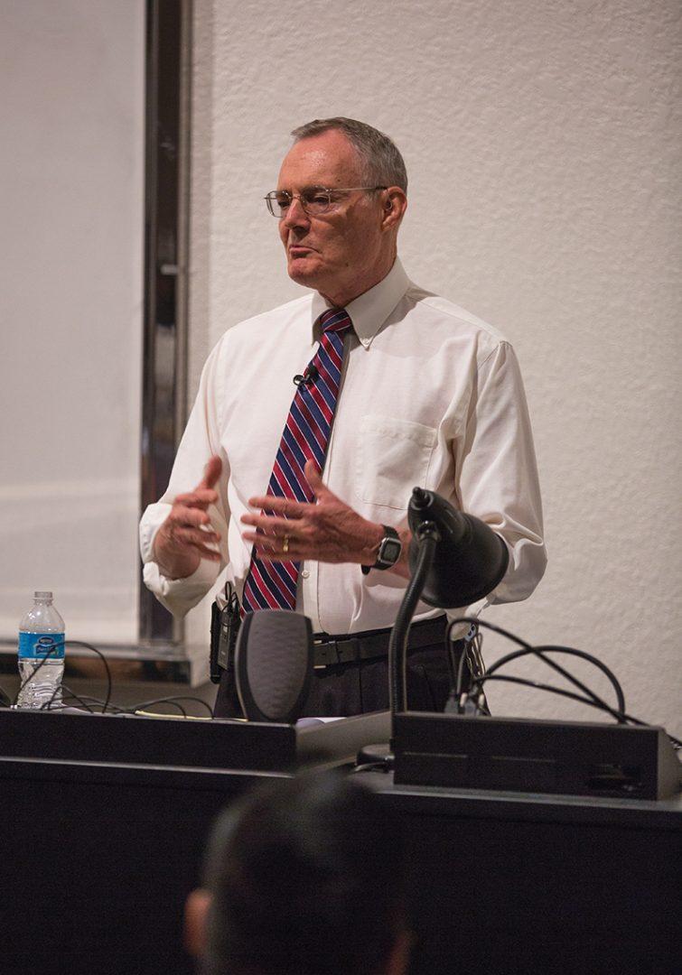 Dr. Alfred Evans leads a discussion about “Religious Liberty and the Hobby Lobby Case” for the Ethics Center lecture series in the Alice Peters Auditorium on Thursday. Darlene Wendels / The Collegian