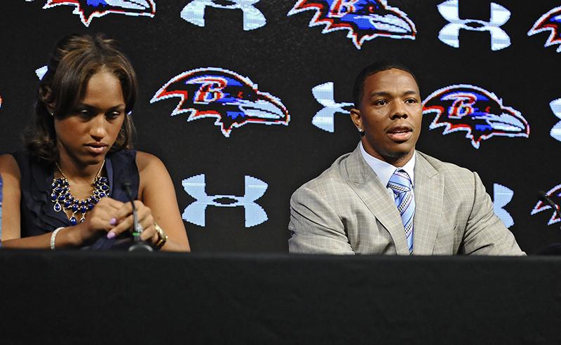 Kenneth K. ”¢ Lam/Baltimore Sun/MCT Ravens running back Ray Rice, right, and his wife Janay made statements to the news media May 5, at the Under Armour Performance Center in Owings Mills, Md, regarding his assault charge for knocking her unconscious in a New Jersey casino. On Monday, Rice was let go from the Baltimore Ravens after a video surfaced from TMZ showing the incident.