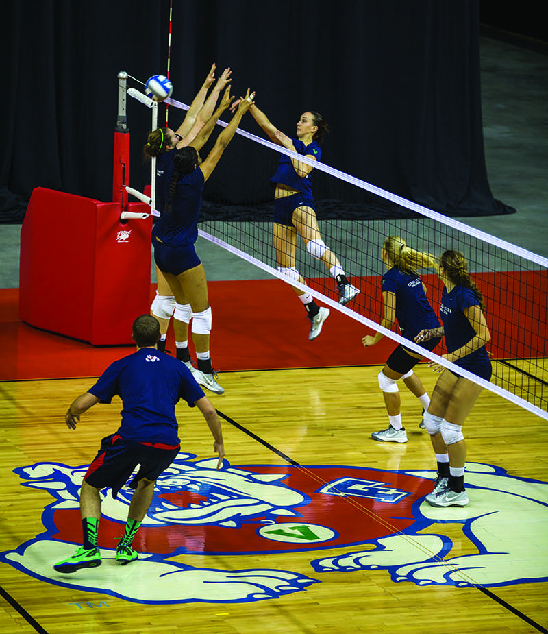 The Fresno State volleyball team performs a drill during a practice at the Save Mart Center. The Bulldogs will head to Sacramento today to participate in the Sacramento State Invitational. Photo by Darlene Wendels/The Collegian