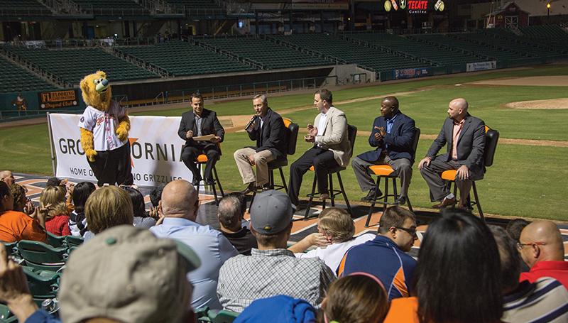 (From left to right) Parker the Bear, ABC 30 anchor David Bataller, Astros president of business operations Reid Ryan, assistant director of player player personnel Allen Rowin and Grizzles executive vice president Derek Franks paricipate in a meet-and-greet Thursday at Chukchansi Park. Darlene Wendels/ The Collegian 