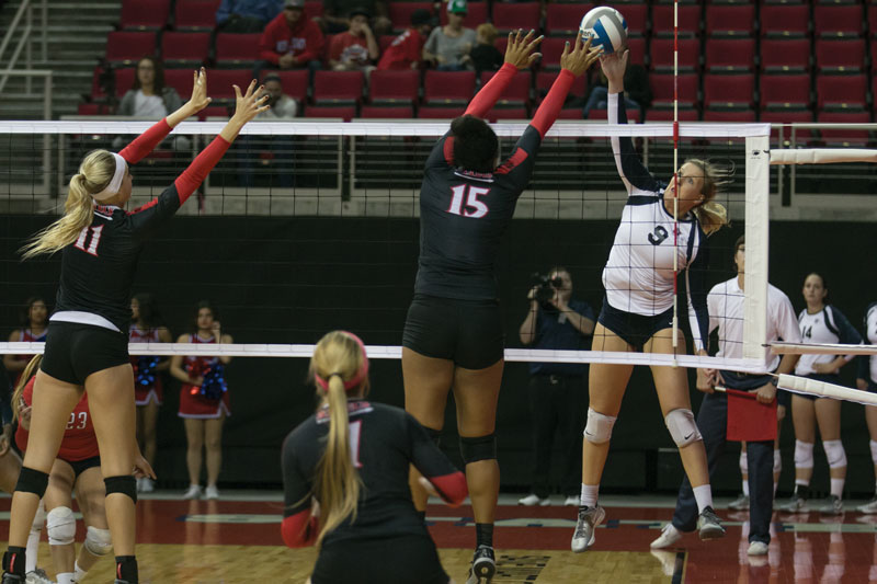 Fresno State senior outside hitter Jamiee-Lee Morrow (9) attempts a kill during Fresno State’s 3-1 loss to the San Diego State Aztecs Thursday at the Save Mart Center. Photo by Logan Downing/The Collegian