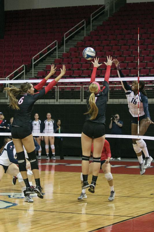 Fresno State outside hitter Zana Bowens attempts a kill during the ‘Dogs’ 3-1 loss to the San Diego State Aztecs Oct. 23.  Photo by Logan Downing/The Collegian