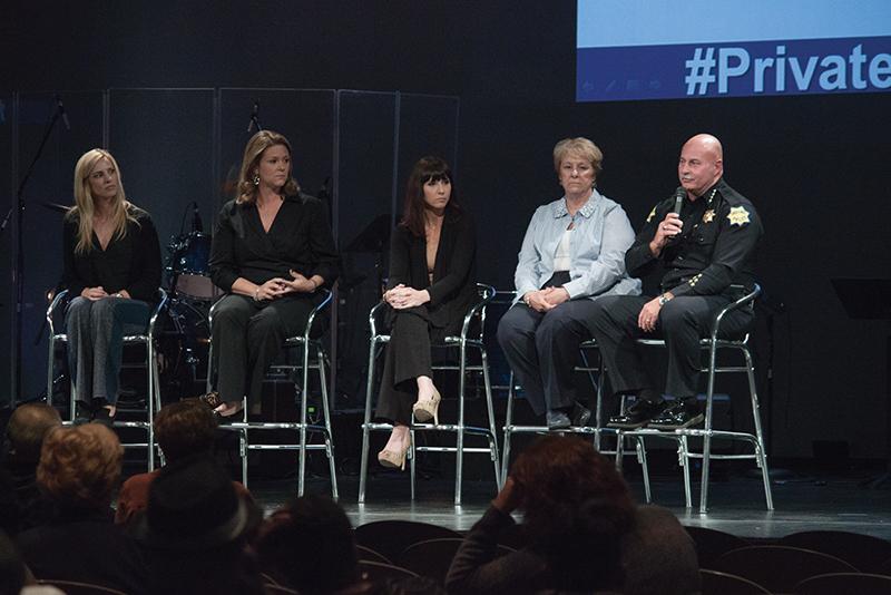 Executive Director of the Marjoree Mason Center Genelle Taylor Kumpe, District Attorney-elect Lisa Sondergaard Smittcamp, Rachel Baskin, a domestic violence survivor, Director of Clinical Services for the Marjoree Mason Cener Katie Quinn-Crask and Fresno Police Chief Jerry Dyer answer questions about domestic violence at NorthPointe Community Church, Monday, Oct. 20, 2014. Darlene Wendels / The Collegian