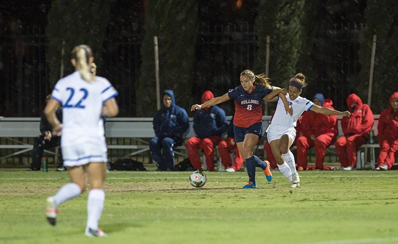 Fresno+State+forward+Fanny+Johansson+keeps+possession+of+the+ball+during+the+Dogs+4-0+loss+to+the+San+Jose+State+Spartans+at+the+Soccer+and+Lacrosse+Field+Friday+night.+Photo+by+Darlene+Wendels%2FThe+Collegian