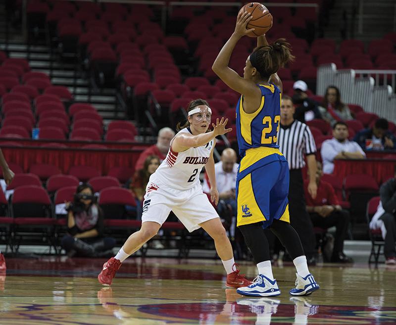 Fresno State guard Stephanie Rovetti defends UC Riverside guard Brittany Crain during the Dogs 73-61 victory Thursday at the Save Mart Center. Photo by Darlene Wendels/The Collegian