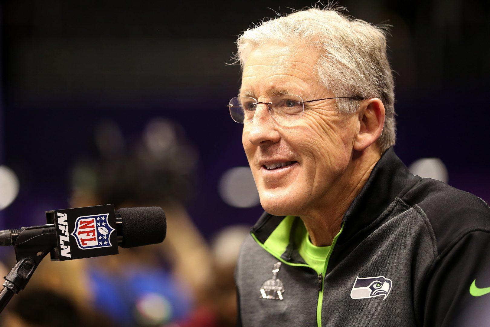 Seattle Seahawks head coach Pete Carroll speaks during Media Day on Tuesday, Jan. 27, 2015, at the US Airways Center in Phoenix. (Bettina Hansen/Seattle Times/TNS)