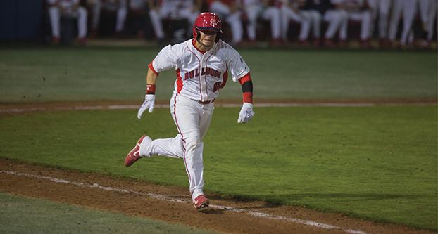 Fresno+State+second+baseman+Jesse+Medrano+runs+to+first+base+in+the+Bulldogs%E2%80%99+weekend+matchup+against+the+UC+Irvine+Anteaters.+%28Darlene+Wendels%29