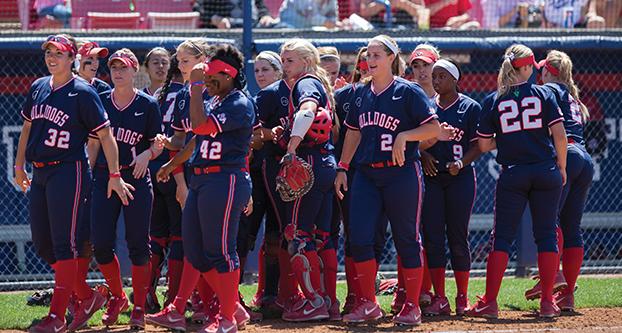 The Fresno State Bulldogs celebrate a 1-0 victory over UNLV on Apr. 27, 2014. The Dogs return to action Friday at the ASU Kajikawa Classic. (Katie Eleneke/The Collegian)