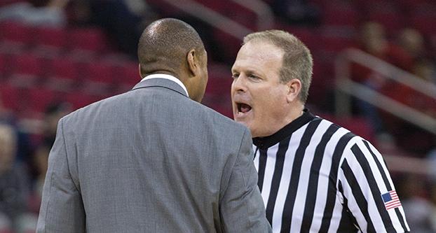 Fresno State head coach Rodney Terry argues with an official during Wednesdays conference game against Colorado State at Save Mart Center. (Paul Schlesinger/The Collegian)