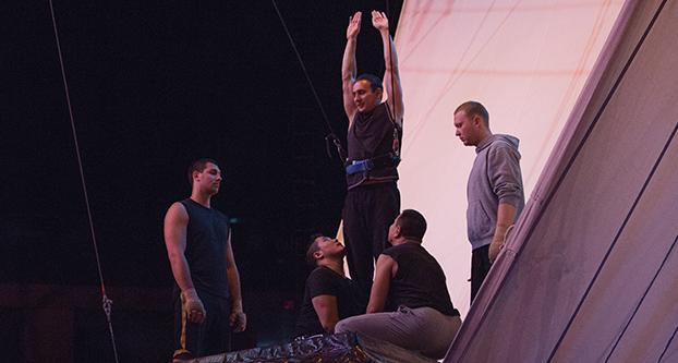 Darlene Wendels / The Collegian
Cirque du Soleil Russian Swing acrobats prepare for the next stunt during rehearsal of Varekai at the Save Mart Center on Wednesday.