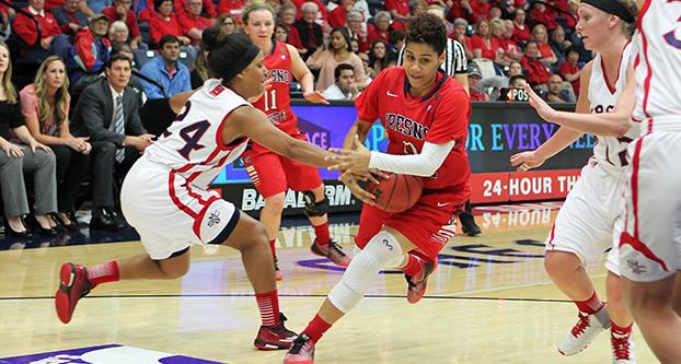Fresno State guard Moriah Faulk secures the ball while passing through traffic during the Bulldogs 83-64 loss to Saint Marys in the second round of the WNIT Monday. (Photo courtesy of Saint Marys Athletics)