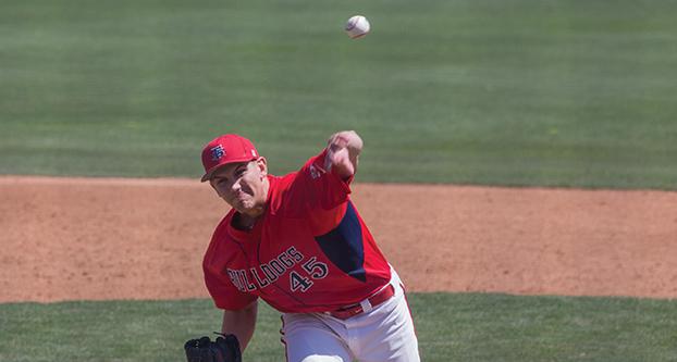 Fresno State junior Dylan Lee delivers a pitch during Sunday’s 9-4 loss to San Diego State. (Darlene Wendels/The Collegian)