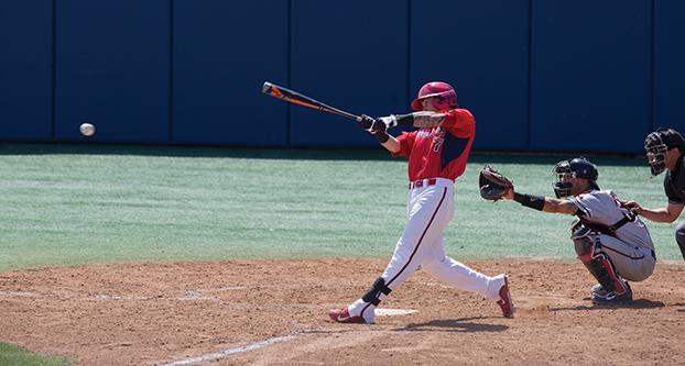 Fresno State junior outfielder Brody Russell swings at a pitch during last Sundays conference game versus San Diego State. (Darlene Wendels/The Collegian)
