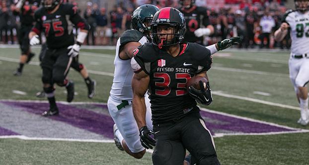 Fresno State running back Marteze Waller and the Dogs wore black during their 28-21 win over the Hawaii Rainbow Warriors on Nov. 29, 2014 at Bulldog Stadium. (Logan Downing/The Collegian)