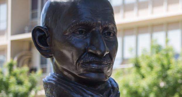 The Mahatma Gandhi monument on display in the Fresno State Peace Garden during the Nepal Vigil on May 1, 2015. (Paul Schlesinger, The Collegian)