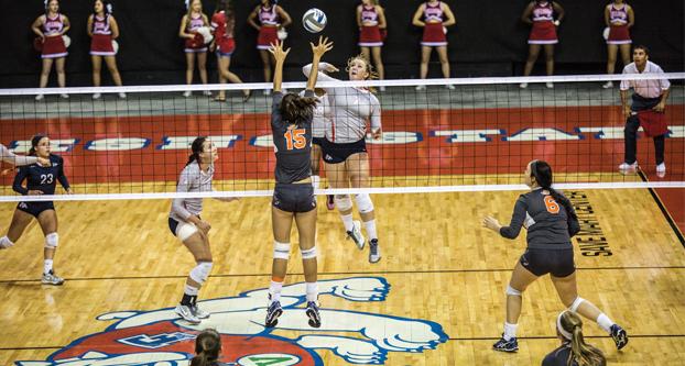Fresno State sophomore outside hitter Carly Scarbrough goes in for the kill during the teams Sept. 22 sweep of Fresno Pacific at Save Mart Center. Scarbrough (Khone Saysamongdy/The Collegian)