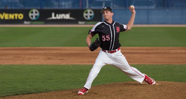 Fresno State freshman pitcher Kenny Varnell delivers a pitch during Game 4 between the Bulldogs and Penguins on Sunday afternoon at Pete Beiden Field. (Darlene Wendels/The Collegian)