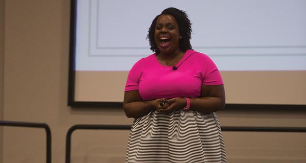 YouTuber and blogger CeCe Olisa also known as the Plus Size Princess, speaks about the art of “self-love” and being “body positive,” in North Gym 118, Wednesday, Feb. 17, 2016. (Darlene Wendels/The Collegian)