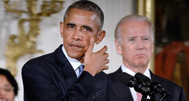 President Barack Obama cries during a press conference to announce executive actions intended to expand background checks for some firearm purchases and step up federal enforcement of the nations gun laws in theEast Room of the White House in Washington, D.C., on Tuesday, Jan. 5 2016. (Olivier Douliery/Abaca Press/TNS)