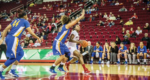 Fresno State senior forward Toni Smith looks to get off a shot while going up against San Jose State’s Emily Vann during Wednesday’s 66-64 loss to the Spartans at Save Mart Center. (Khone Saysamondgy/The Collegian)