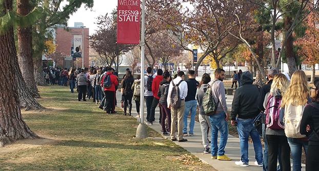 The line or the Fresno State University Testing Center during Dead Days during the fall 2015 semester. (Troy Pope/The Collegian).