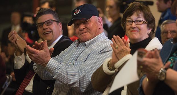 Fresno State alumnus and farmer Marvin Meyers claps alongside Fresno State President Dr. Joseph Castro, in recognition of individuals and organizations that have donated more than $2 million to the Ag One Foundation in support of Fresno State’s Livestock Judging Team, during Castro’s announcement of the new name of the judging team at the Fresno State Beef Unit, Tuesday, Feb. 2, 2016. Castro announced that the judging team has been named the Meyers Livestock Judging Team, in recognition of Meyers’ support to the team. (Darlene Wendels / The Collegian)