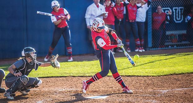 Fresno State senior Alyssa Villalpando connects on a pitch during Sunday’s 10-2 win over Sacramento State at Margie Wright Diamond. (Khone Saysamongdy/The Collegian)