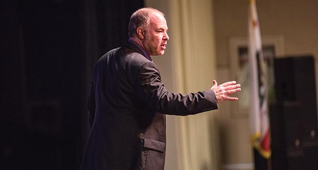 Dr. Jackson Katz speaking at the Satellite Student Union about bystander intervention in domestic violence and rape issues. “More than a few good men: A lecture on America Manhood and Violence Against Women” was presented by the university to advise the community on rape prevention and violence. (Ricky Gutierrez/The Collegian)