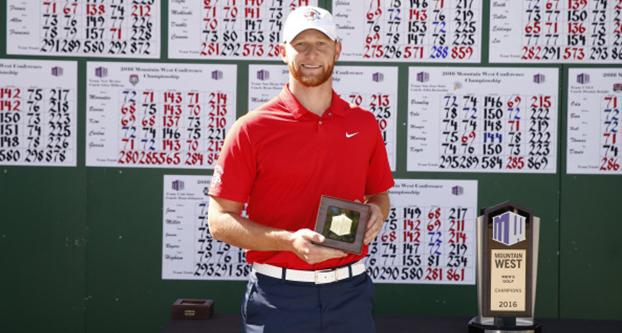 Fresno State junior Trevor Clayton poses with his trophy after the 2016 Mountain West Mens Golf Championship at the Omni Tucson National Resort in Tucson, Arizona. (Trevor Brown Jr./NCAA Photos) 